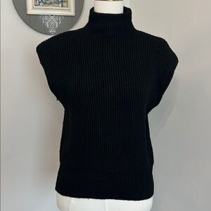 Black Sleeveless Turtleneck Sweater Thick Knit Ribbed Texture MT Lagenlook Chic
